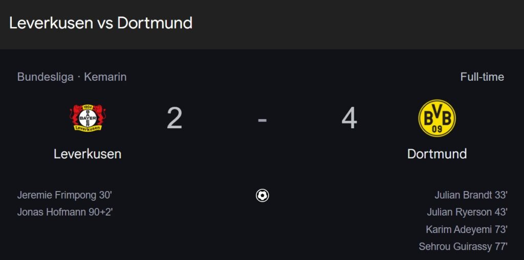 Hasil Pertandingan Leverkusen V Dortmund (11 05 25)